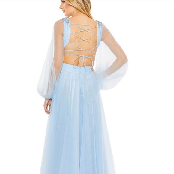 MAC DUGGAL 50662 TULLE PUFF SLEEVE CUTOUT LACE UP A-LINE ICE BLUE GOWN sz 2 - Picture 4 of 8